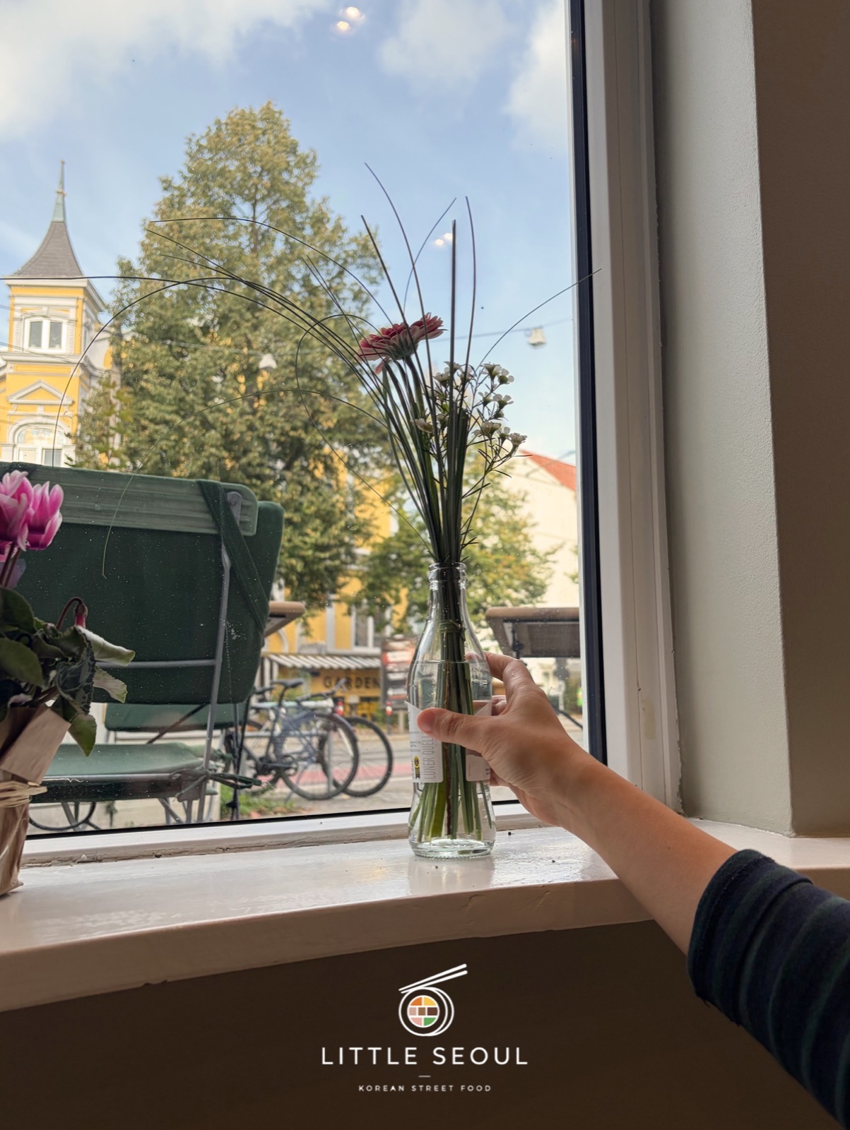 Fenster mit Blumen und Blick auf die Wachmannstraße